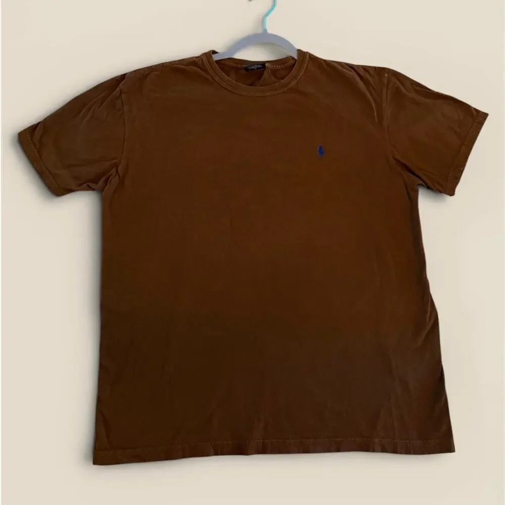Polo Ralph Lauren Med Brown TShirt Blue Pony Logo Vintage Distressed 21.5” PTP